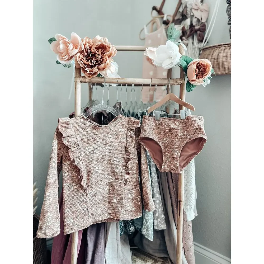 Dusty Rose Blooming Floral Rash Guard 2pc Swimsuit 3/4T